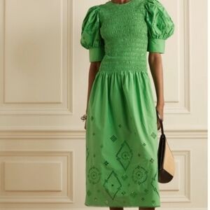 Ganni Backless Shereed Broderie Anglese Kelly Green Smocked Eyelet Midi Dress